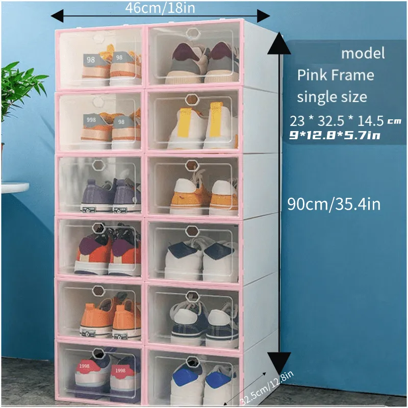 12pcs Plastic Shoes Boxes, Transparent Easy Assembly Shoes Organizer, Dustproof PP Shoes Box For Men And Women, Side Opening Door Shoes Cabinet, High Quality Shoes Storage Box