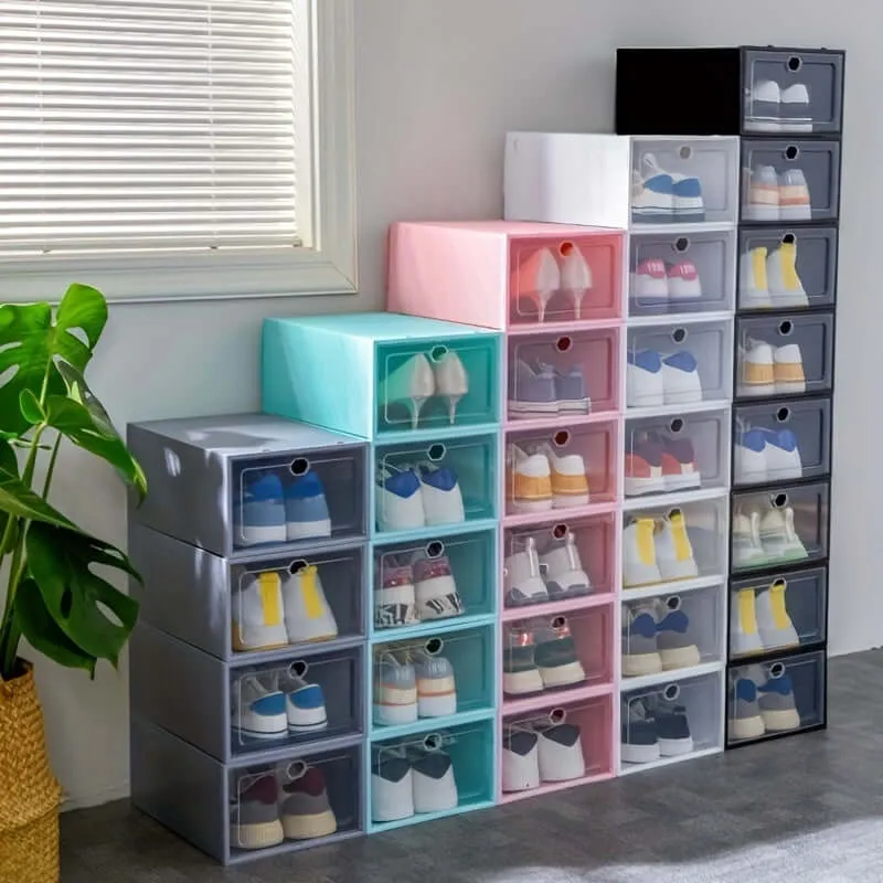12pcs Plastic Shoes Boxes, Transparent Easy Assembly Shoes Organizer, Dustproof PP Shoes Box For Men And Women, Side Opening Door Shoes Cabinet, High Quality Shoes Storage Box