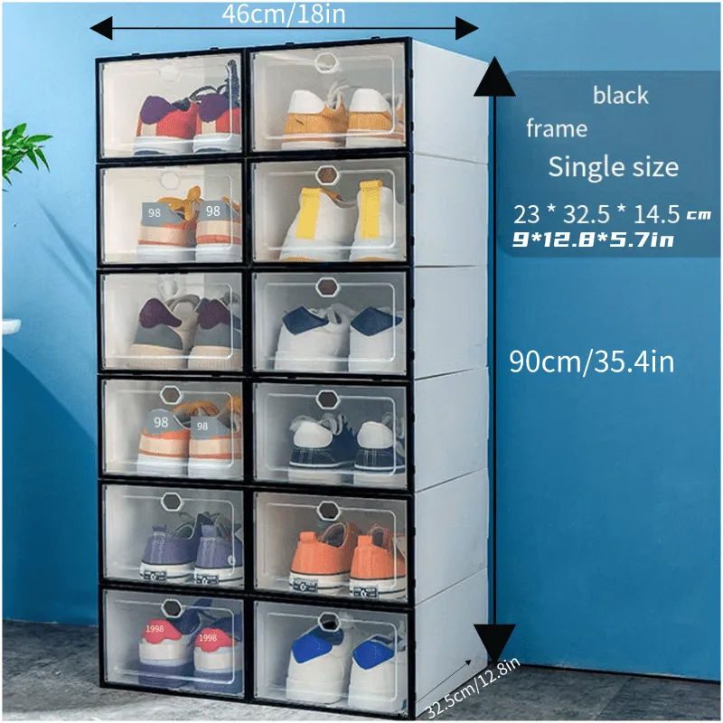 12pcs Plastic Shoes Boxes, Transparent Easy Assembly Shoes Organizer, Dustproof PP Shoes Box For Men And Women, Side Opening Door Shoes Cabinet, High Quality Shoes Storage Box