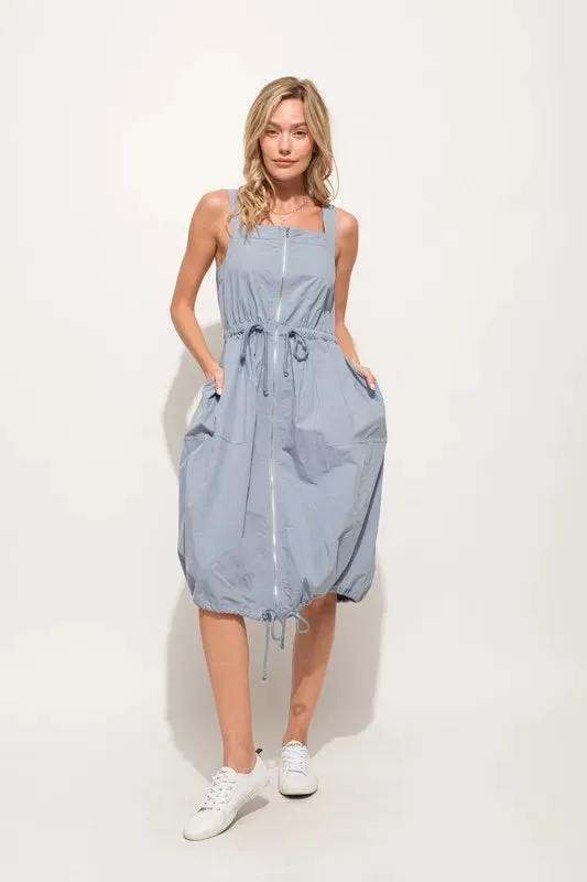 And The Why Front Zipper Overall Dress with String Details In Slate