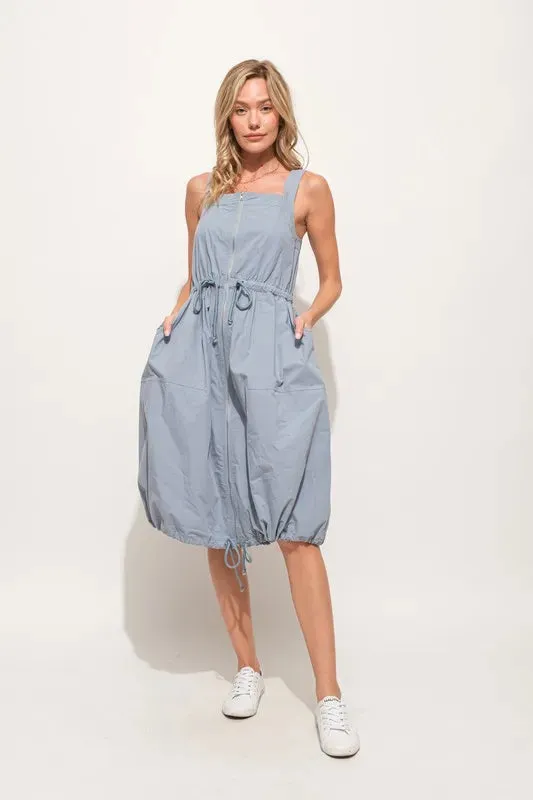 And The Why Front Zipper Overall Dress with String Details In Slate