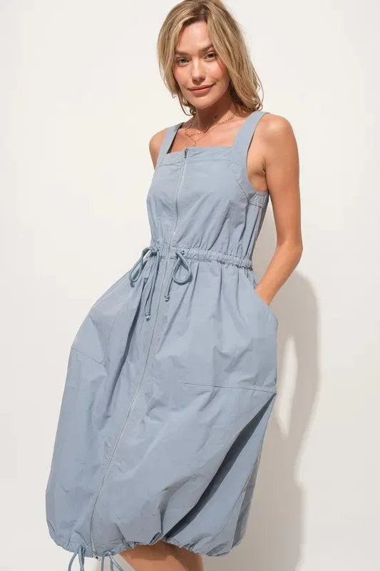 And The Why Front Zipper Overall Dress with String Details In Slate