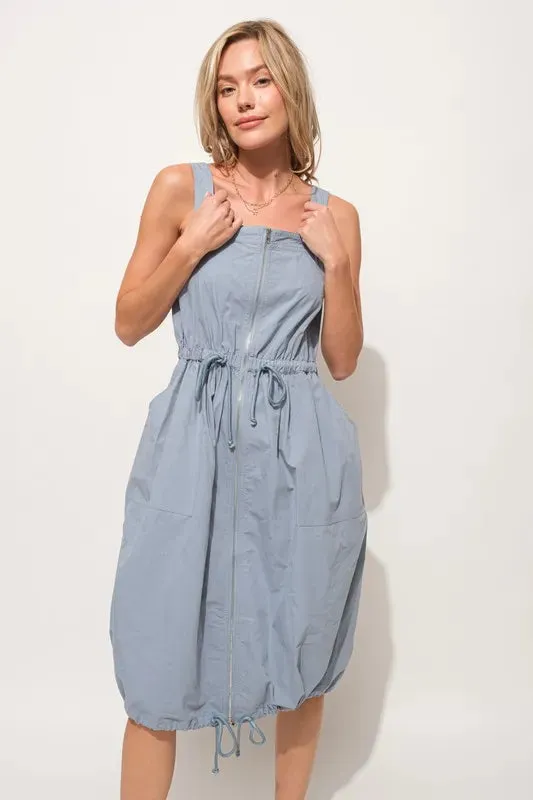 And The Why Front Zipper Overall Dress with String Details In Slate