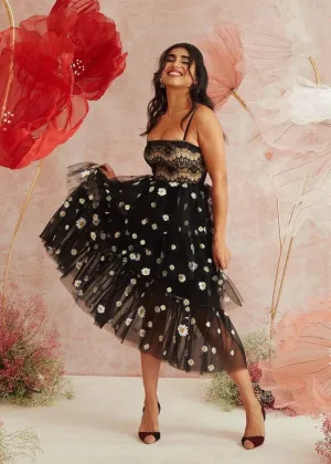 Aria Black Daisy Tulle Corset Midi Dress CL