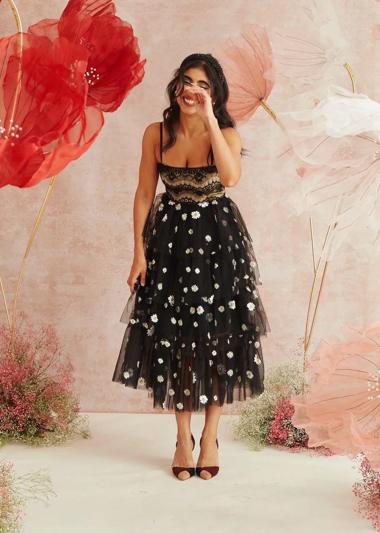 Aria Black Daisy Tulle Corset Midi Dress CL