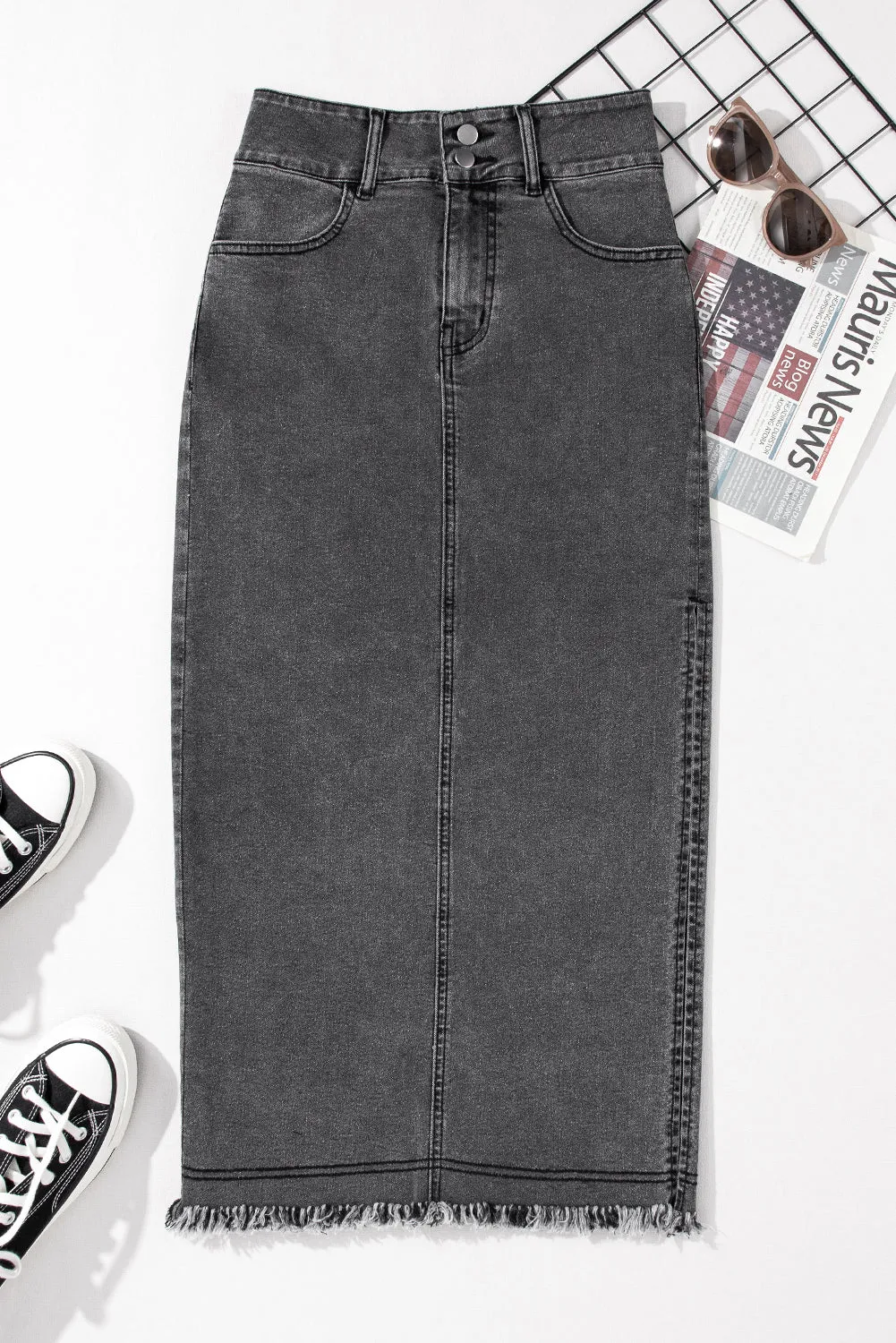 Black Raw Edge Side Slits Buttoned Midi Denim Skirt