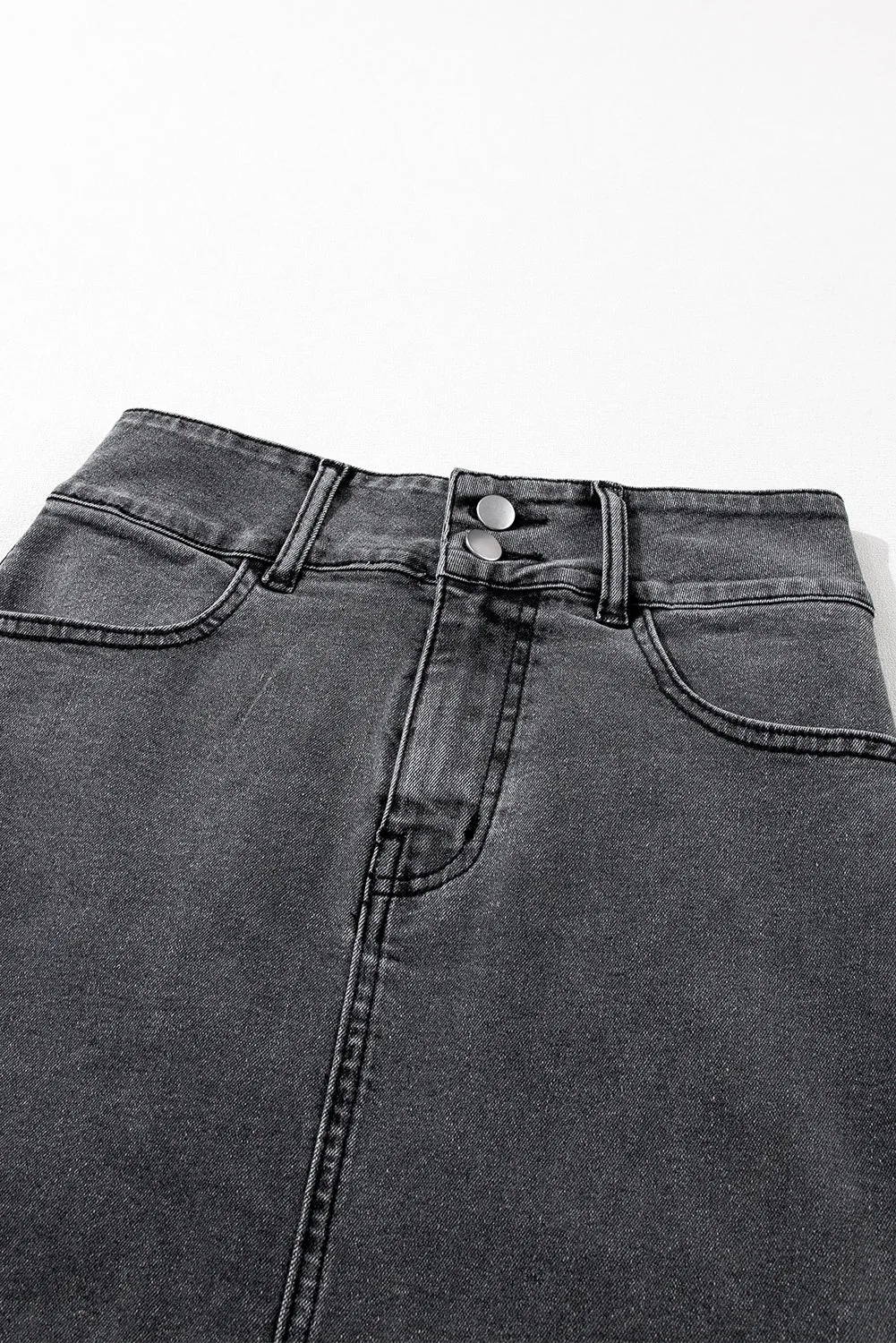Black Raw Edge Side Slits Buttoned Midi Denim Skirt
