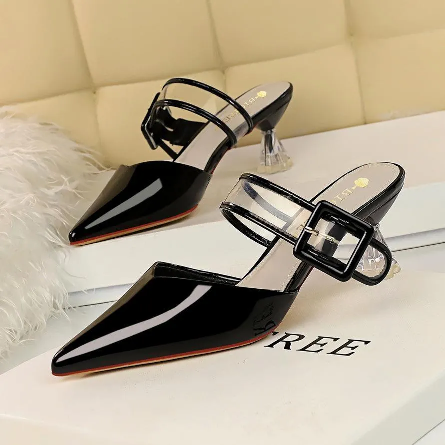 Chicvane Pointed Toe Mules Transparent Straps with Buckle Slides Shoes