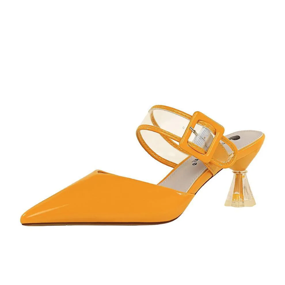 Chicvane Pointed Toe Mules Transparent Straps with Buckle Slides Shoes