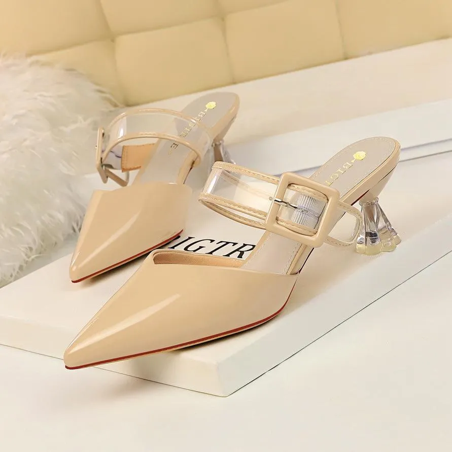 Chicvane Pointed Toe Mules Transparent Straps with Buckle Slides Shoes