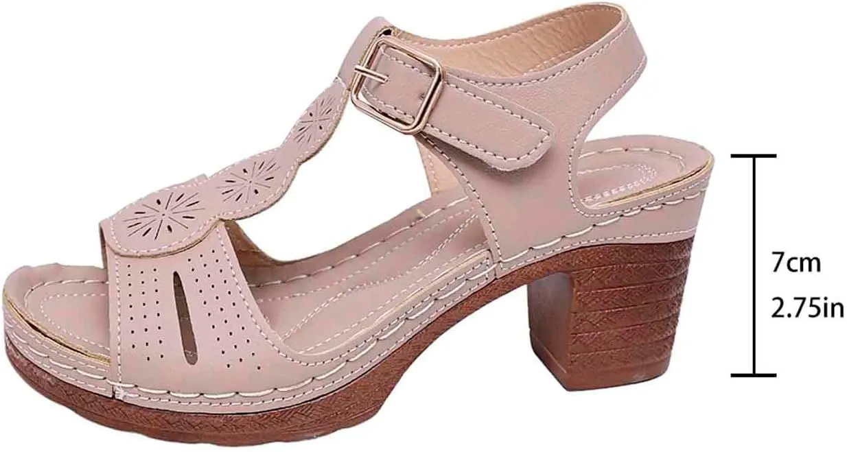 Chunky Heeled Sandals for Women Leather Block Platform High Heels Open Toe Fashion Party Prom Ankle Strap Dress Pump Sandals Summer Orthopedic Shoes