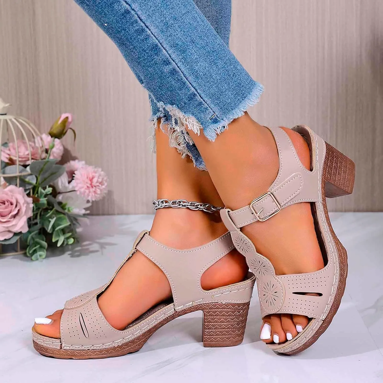 Chunky Heeled Sandals for Women Leather Block Platform High Heels Open Toe Fashion Party Prom Ankle Strap Dress Pump Sandals Summer Orthopedic Shoes