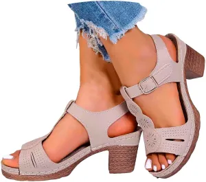 Chunky Heeled Sandals for Women Leather Block Platform High Heels Open Toe Fashion Party Prom Ankle Strap Dress Pump Sandals Summer Orthopedic Shoes