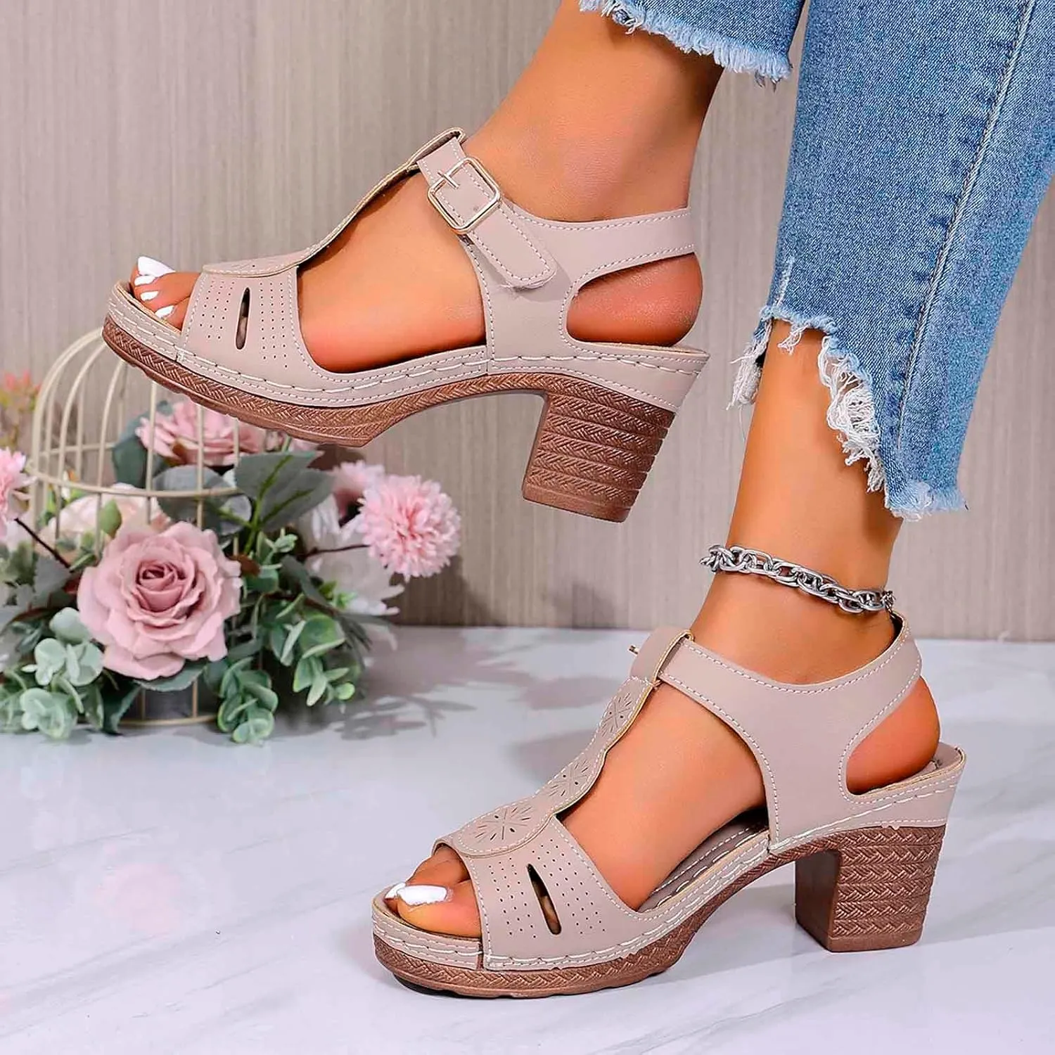 Chunky Heeled Sandals for Women Leather Block Platform High Heels Open Toe Fashion Party Prom Ankle Strap Dress Pump Sandals Summer Orthopedic Shoes