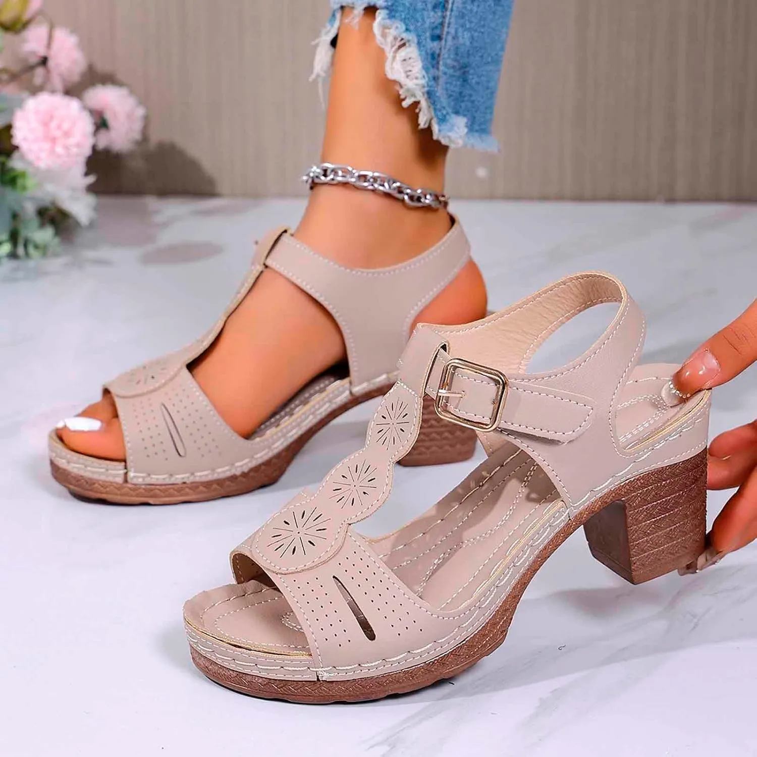 Chunky Heeled Sandals for Women Leather Block Platform High Heels Open Toe Fashion Party Prom Ankle Strap Dress Pump Sandals Summer Orthopedic Shoes
