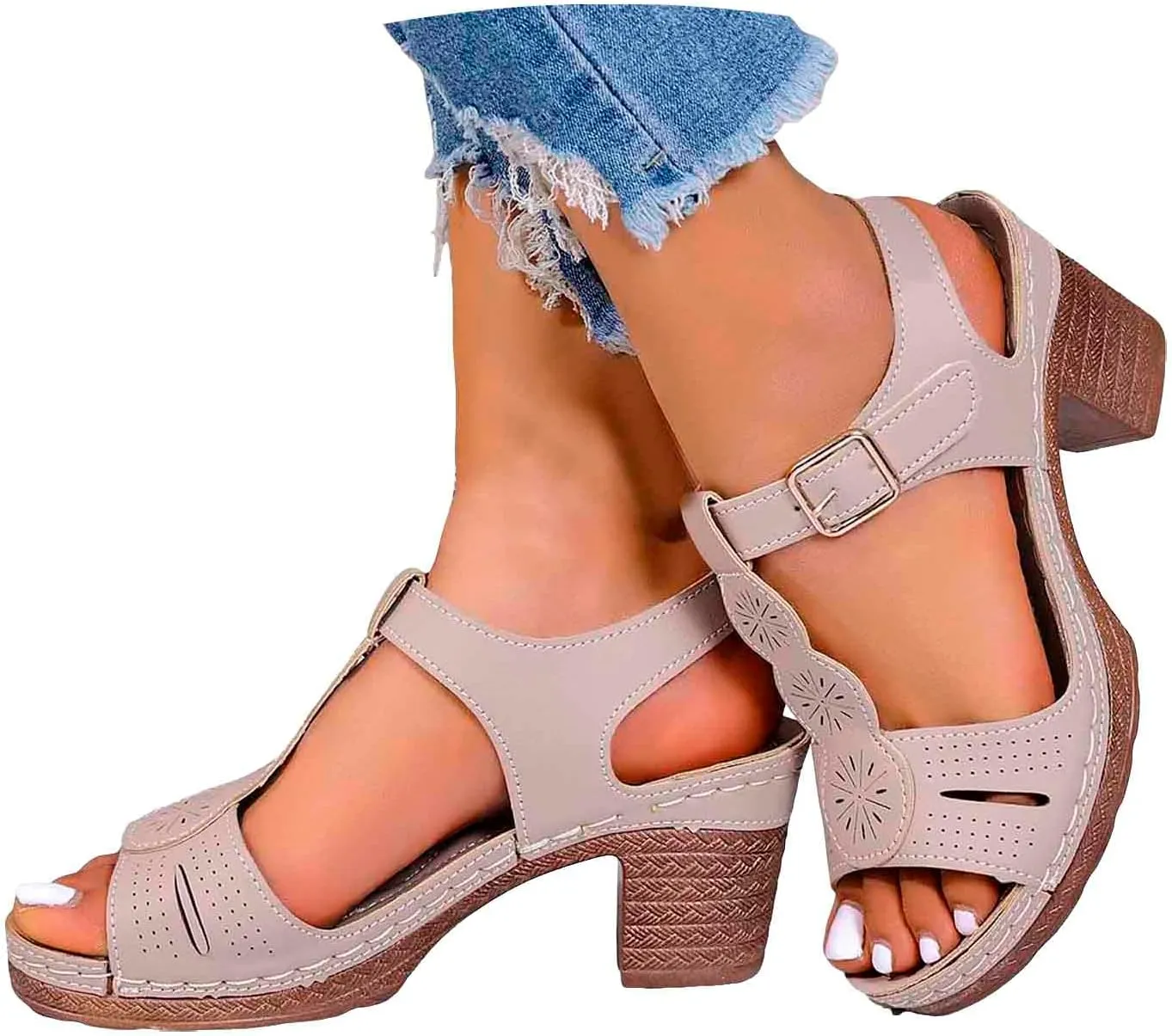 Chunky Heeled Sandals for Women Leather Block Platform High Heels Open Toe Fashion Party Prom Ankle Strap Dress Pump Sandals Summer Orthopedic Shoes