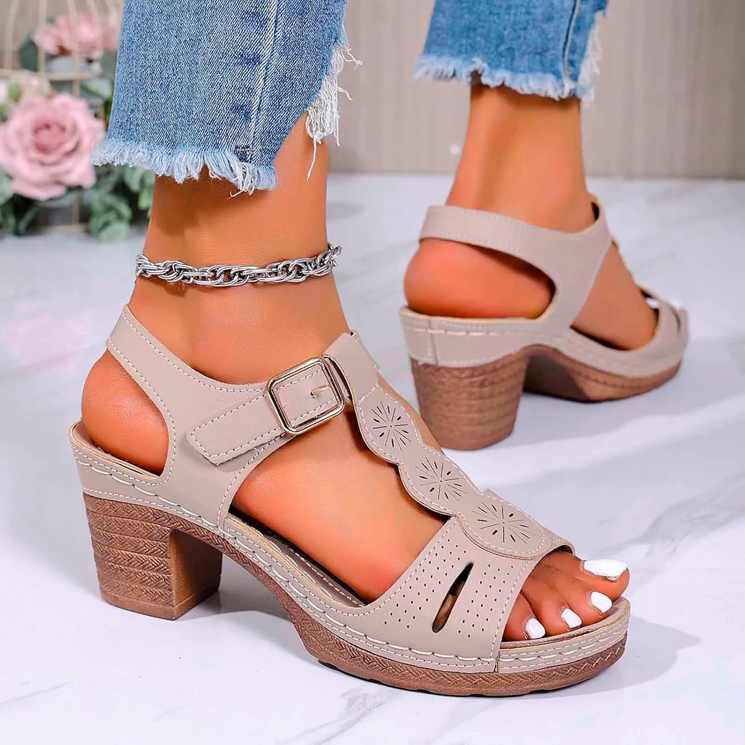 Chunky Heeled Sandals for Women Leather Block Platform High Heels Open Toe Fashion Party Prom Ankle Strap Dress Pump Sandals Summer Orthopedic Shoes