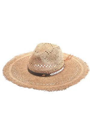claudia wide brim straw hat w/ frayed edge - natural