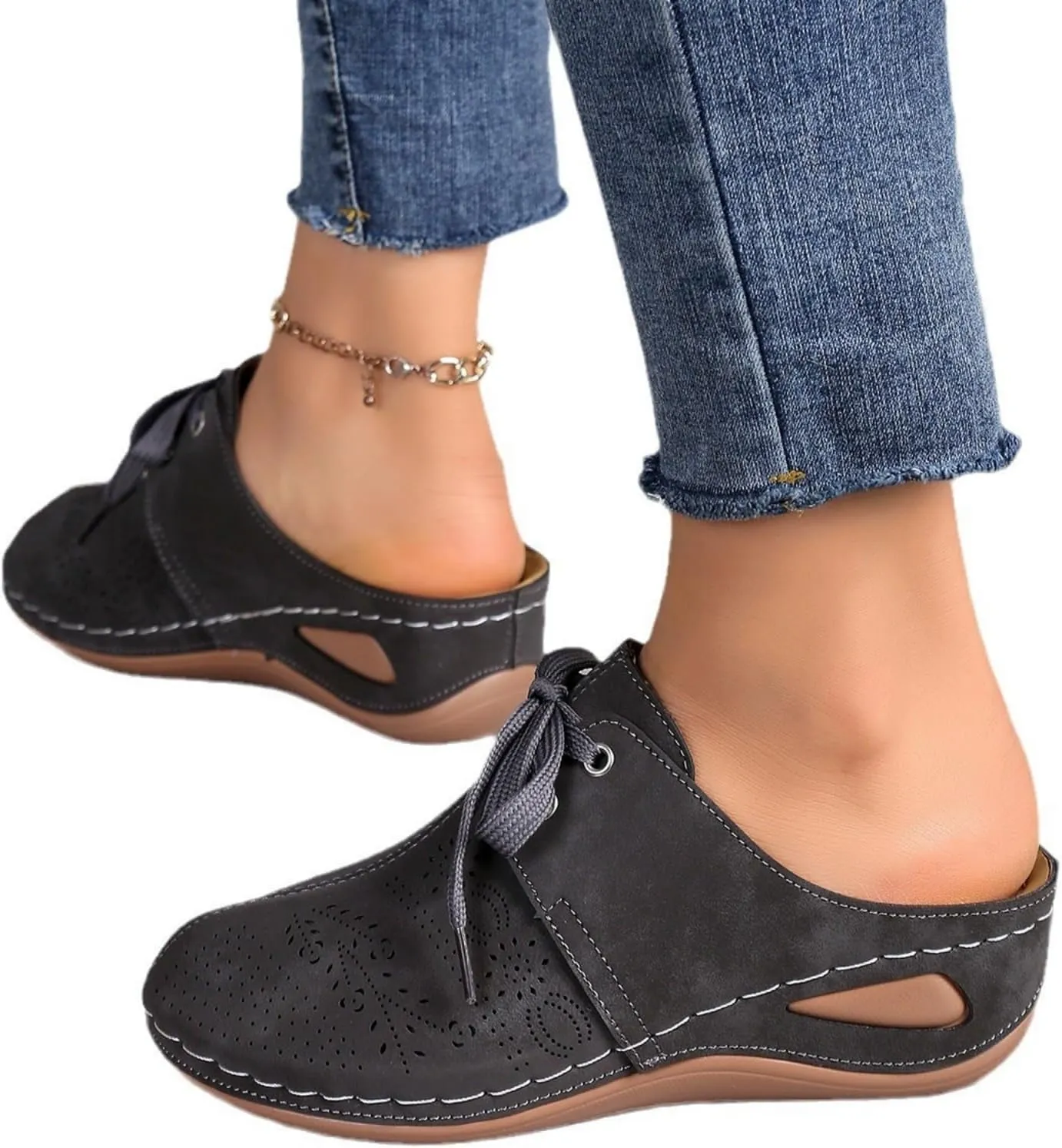 Clogs for Women Mules Shoes Lace Closed Toe Slip On Slides Slippers Summer Comfortable Low Heel Wedge Sandals Walking Shoes