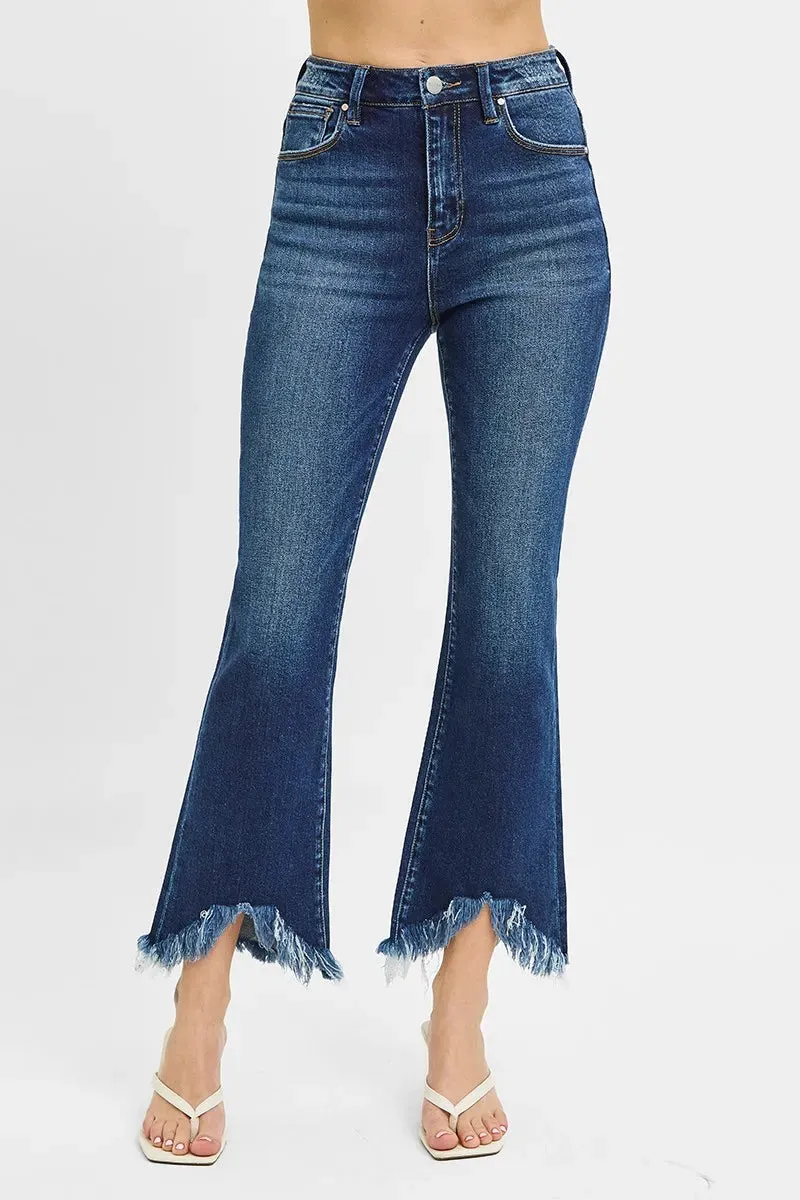 Dark Wash High Rise Crop Bootcut Fray Hem Jeans