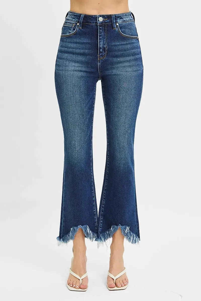 Dark Wash High Rise Crop Bootcut Fray Hem Jeans
