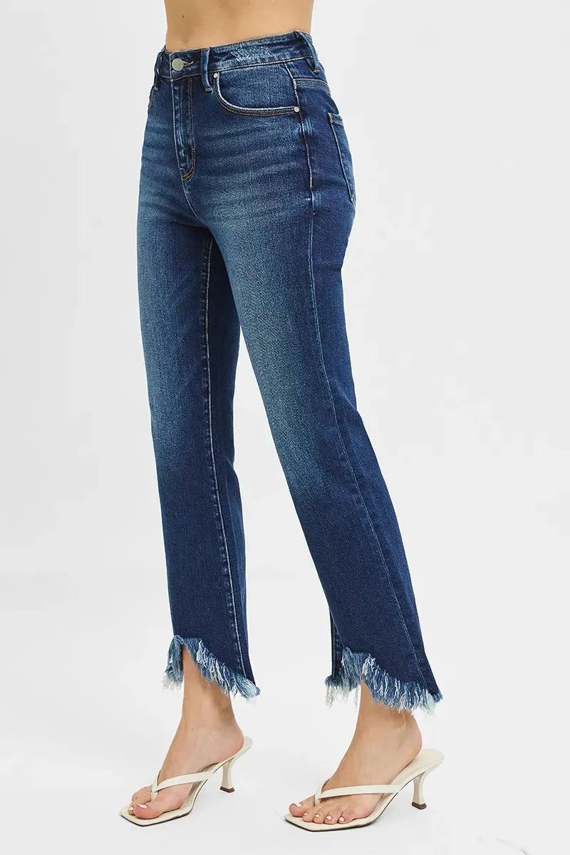 Dark Wash High Rise Crop Bootcut Fray Hem Jeans