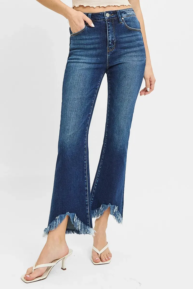 Dark Wash High Rise Crop Bootcut Fray Hem Jeans