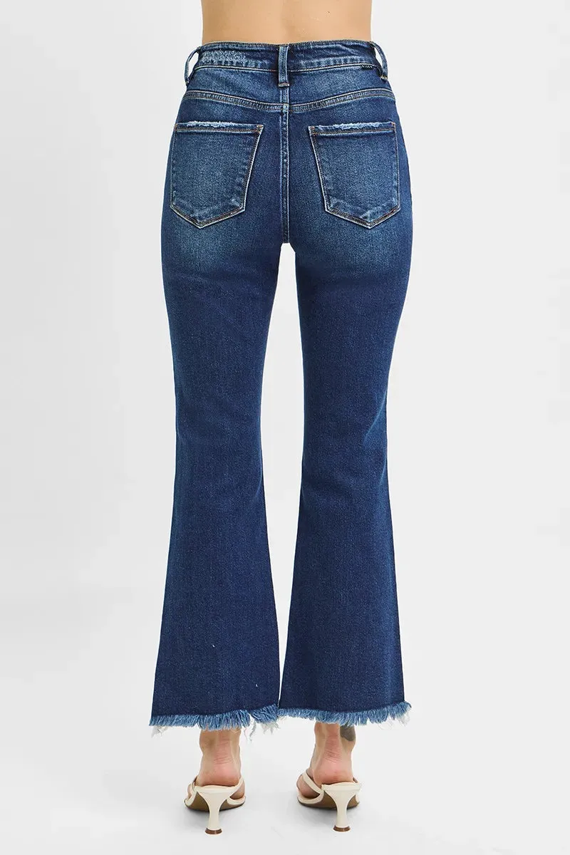 Dark Wash High Rise Crop Bootcut Fray Hem Jeans