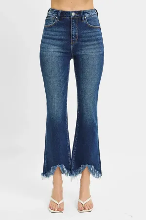 Dark Wash High Rise Crop Bootcut Fray Hem Jeans