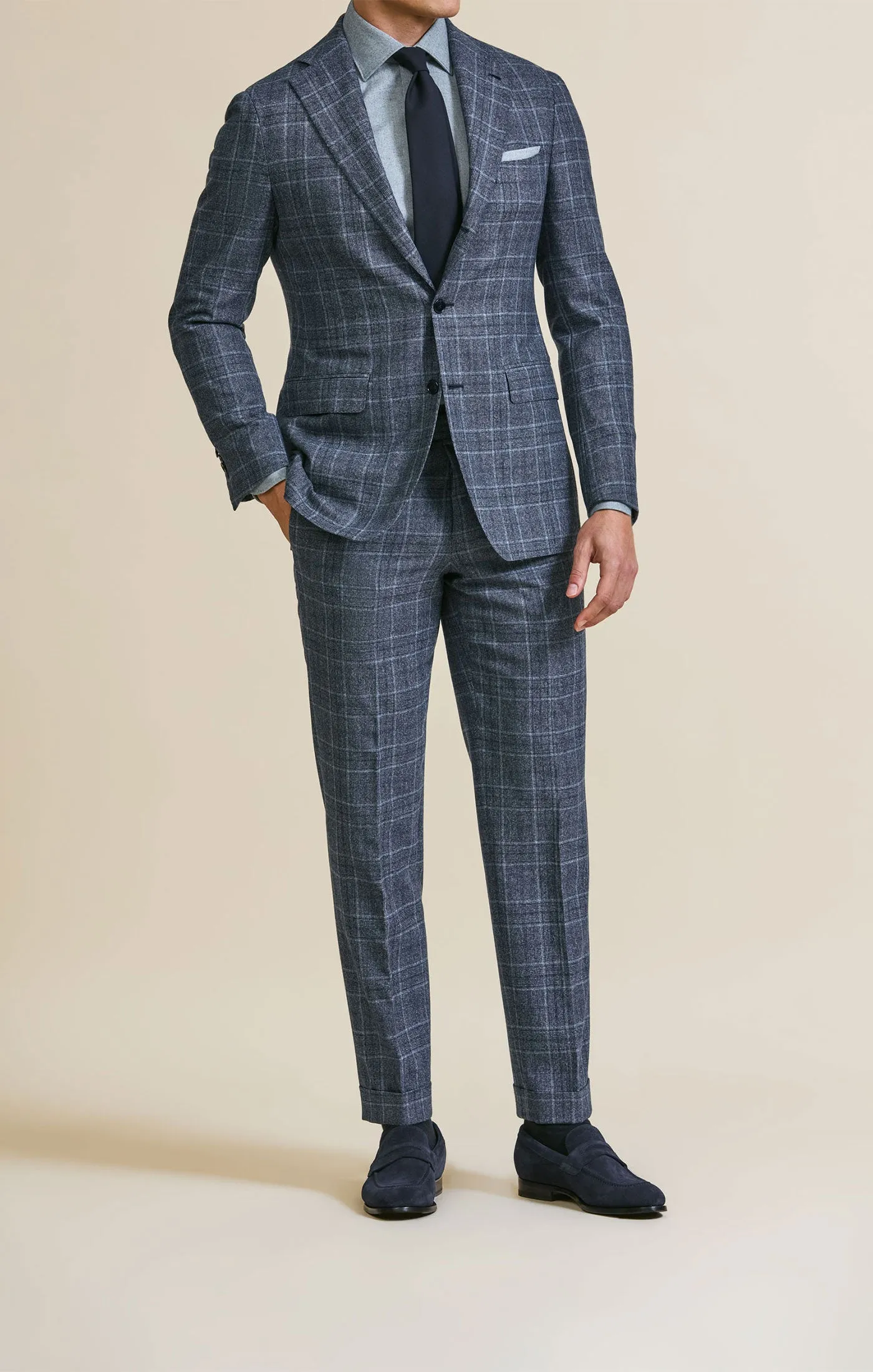 Drago Dark Blue Natural Bi Stretch S130 Merino Wool Glencheck