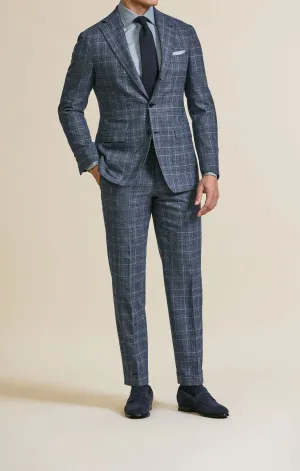 Drago Dark Blue Natural Bi Stretch S130 Merino Wool Glencheck