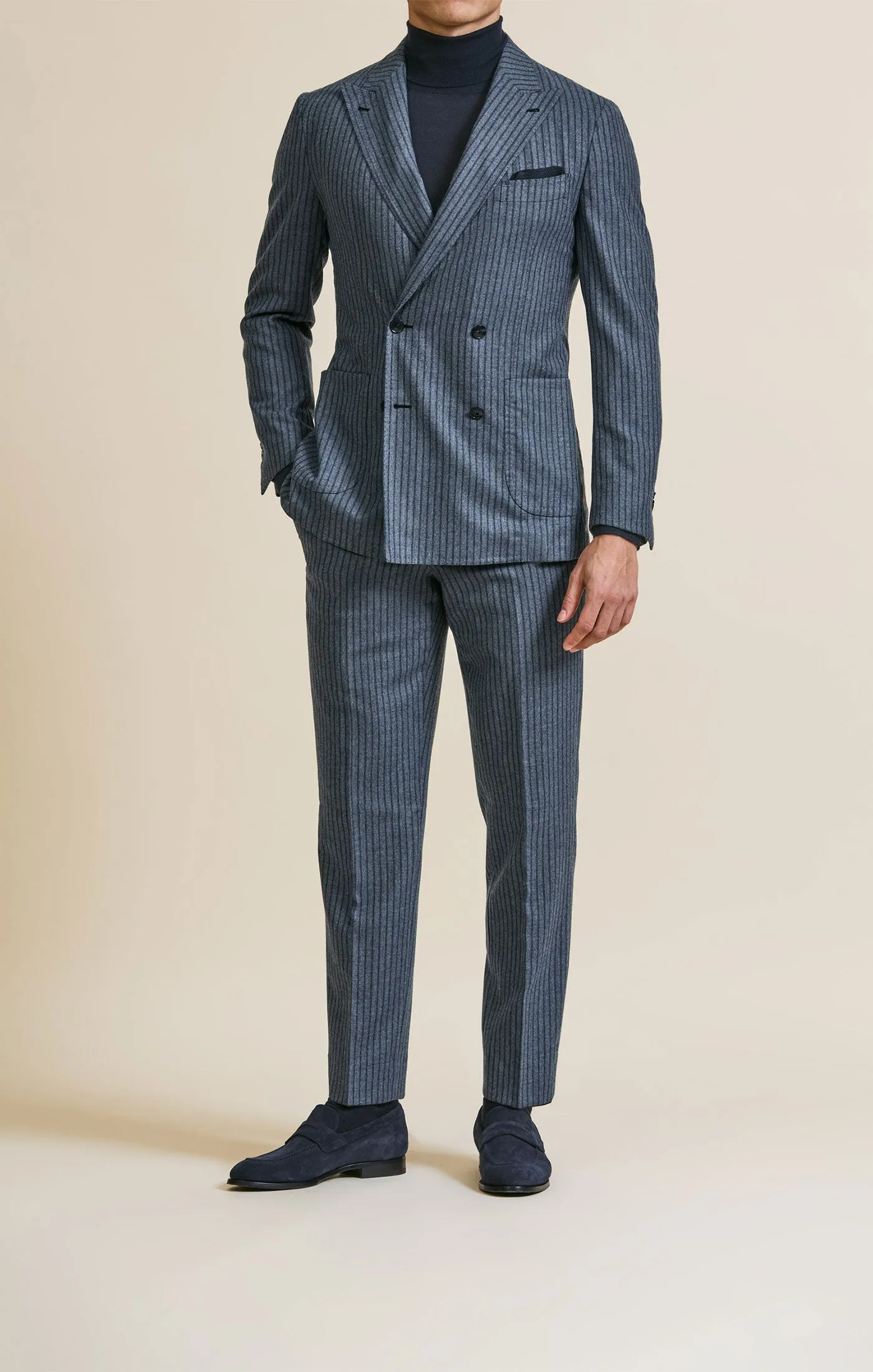 Drago Denim Blue Natural Bi Stretch S130 Merino Wool Flannel with Dark Blue Stripe