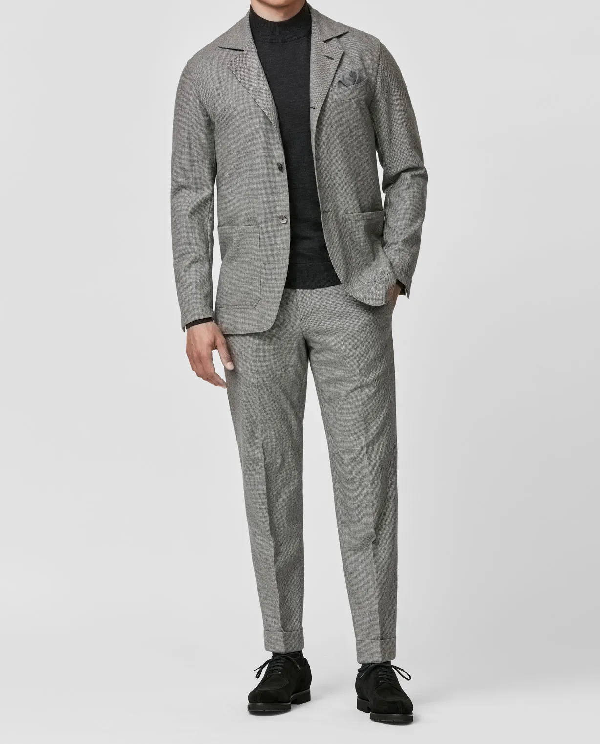 Drago Grey Natural Bi Stretch S130 Wool Flannel Houndstooth