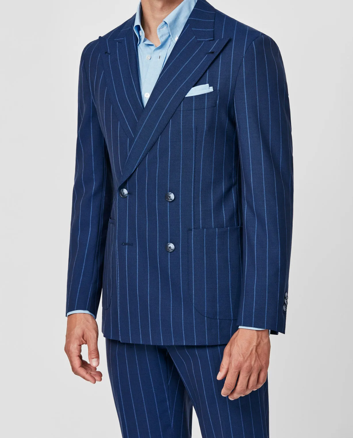 Drago Neapolitan Blue S130 Merino Wool Bi-Stretch Solaro Basketweave with Tonal Pencil Stripe