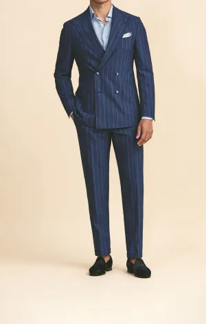 Drago Neapolitan Blue S130 Merino Wool Bi-Stretch Solaro Basketweave with Tonal Pencil Stripe