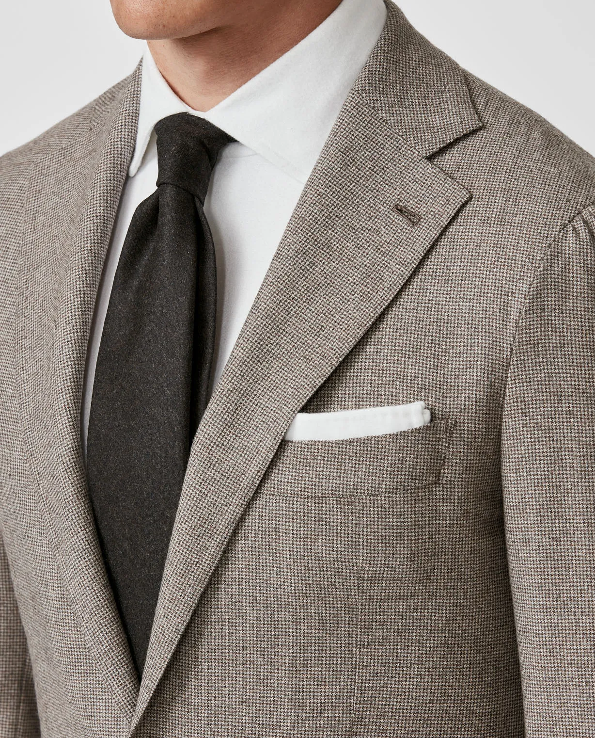 Drago Sand Coffee Brown Natural Bi Stretch S130 Wool Flannel Houndstooth