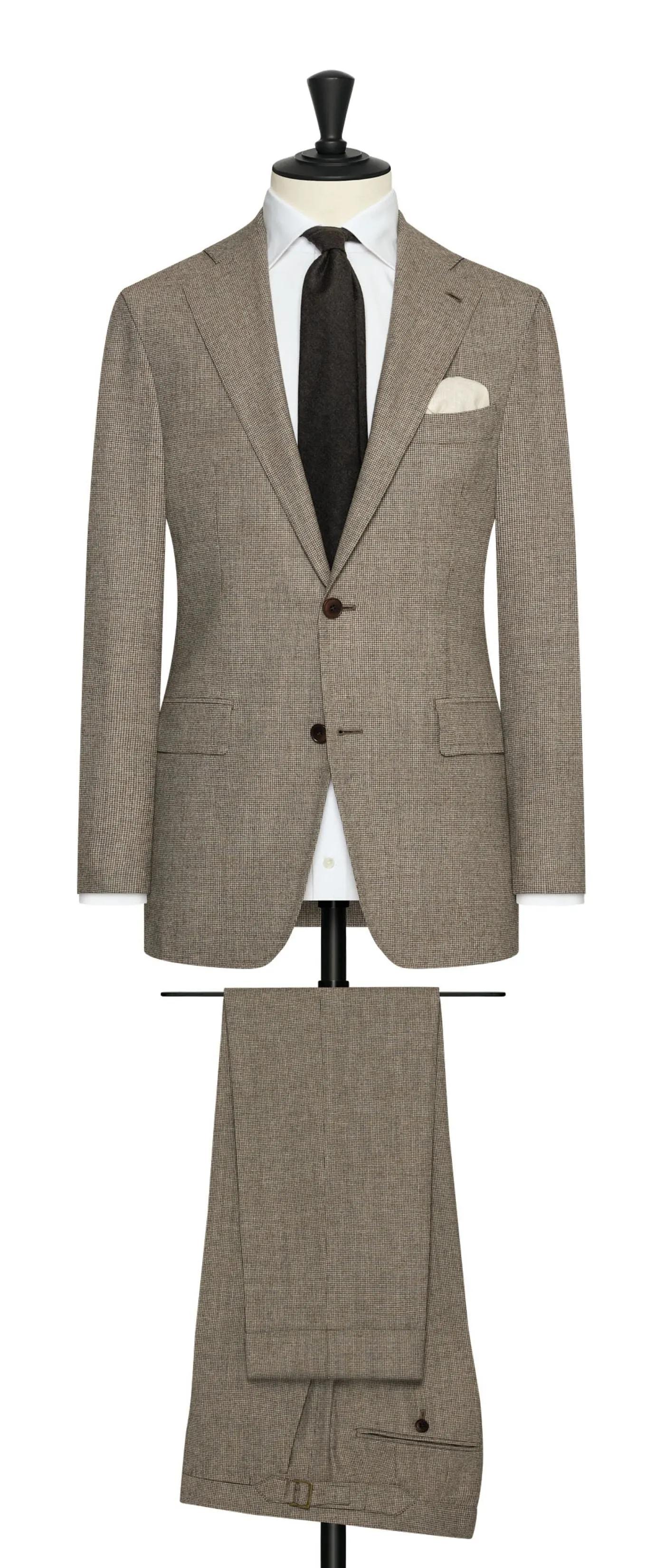 Drago Sand Coffee Brown Natural Bi Stretch S130 Wool Flannel Houndstooth