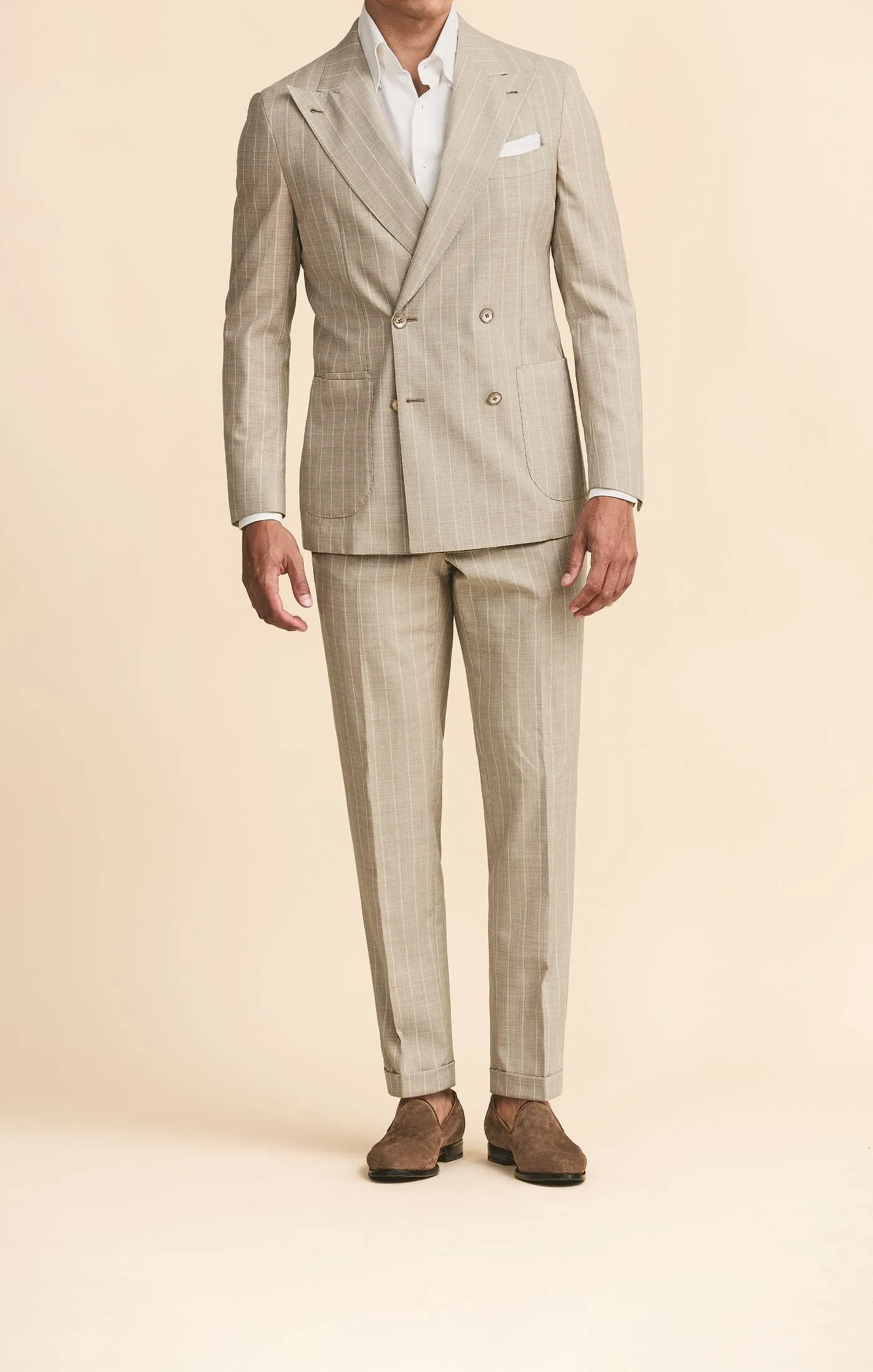 Drago Taupe Wool & Silk Plain Weave with Tonal Pencil Stripe