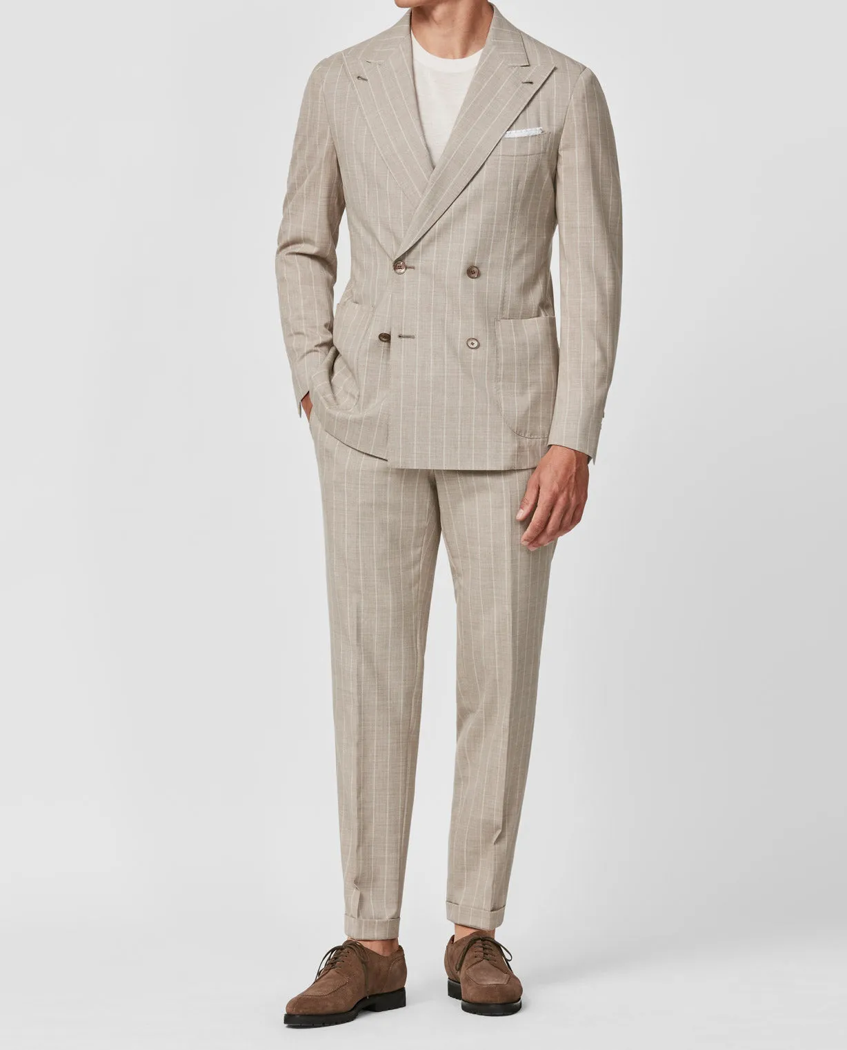 Drago Taupe Wool & Silk Plain Weave with Tonal Pencil Stripe