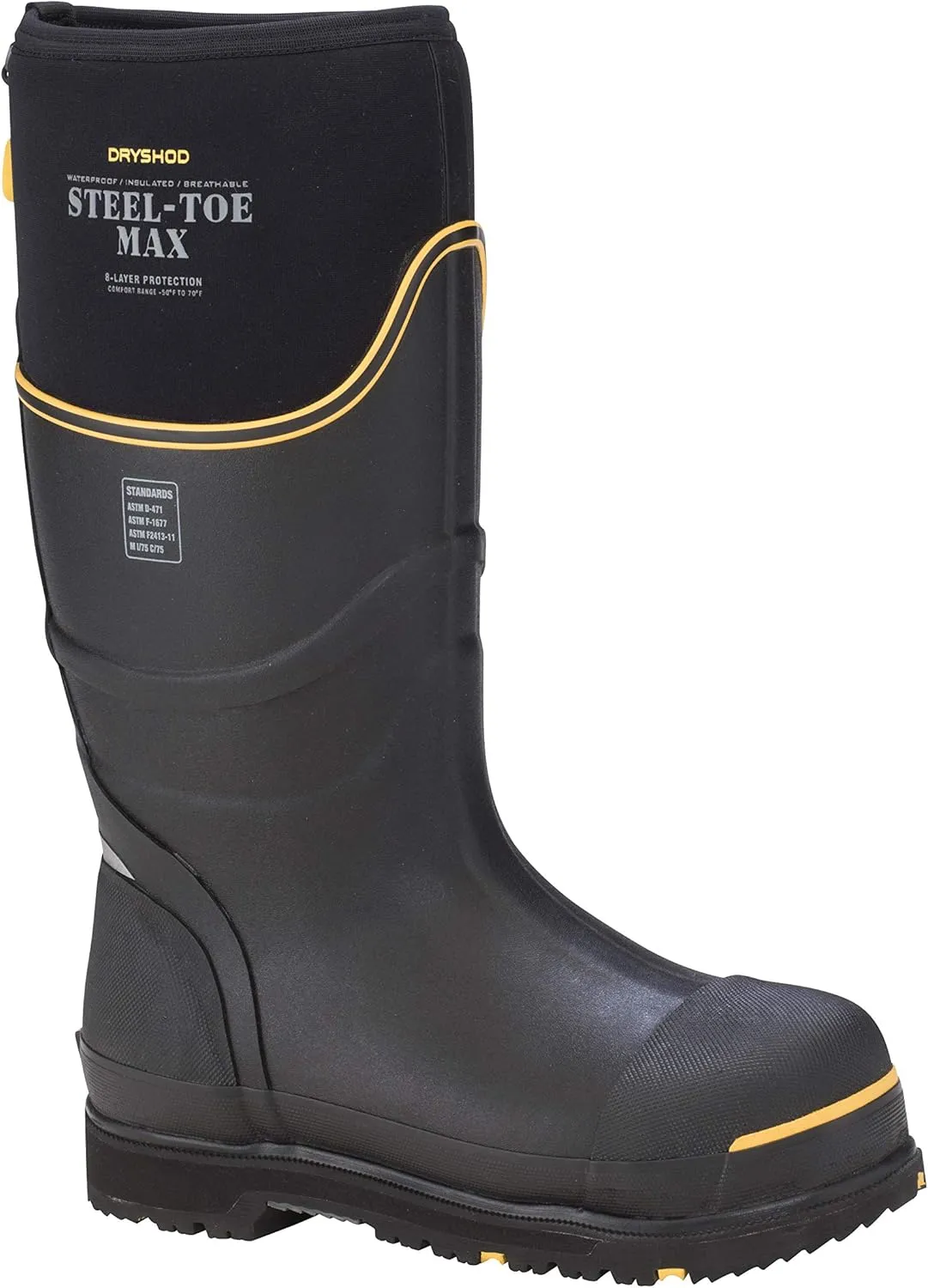 Dryshod Unisex Steel-Toe Max Hi Work Boots | Slip Resistant | Waterproof | Rubber | Black/Yellow