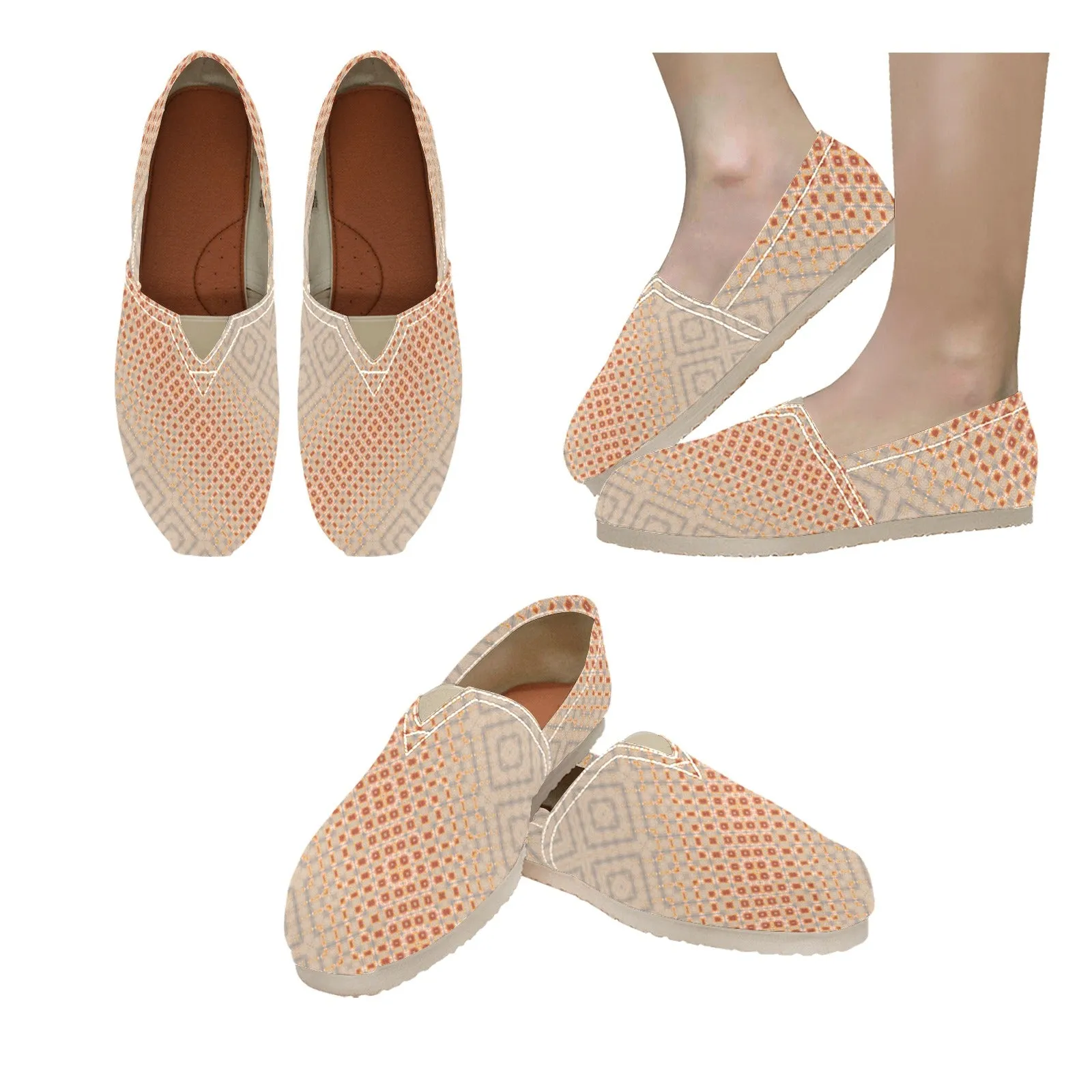 Espadrilles Canvas Apricot Hollyhocks Taupe Plaid Women's Canvas Slip-On Shoes(Model1206)