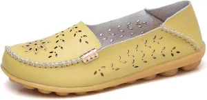 Flats for Women 2025 Round Toe Cushion Slip-On Shoes Lightweight Cutout Breathable Leather Loafers Fashion Driving Flats Shoes Summer Casual Walking Sandals