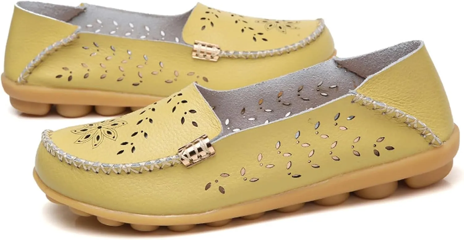 Flats for Women 2025 Round Toe Cushion Slip-On Shoes Lightweight Cutout Breathable Leather Loafers Fashion Driving Flats Shoes Summer Casual Walking Sandals