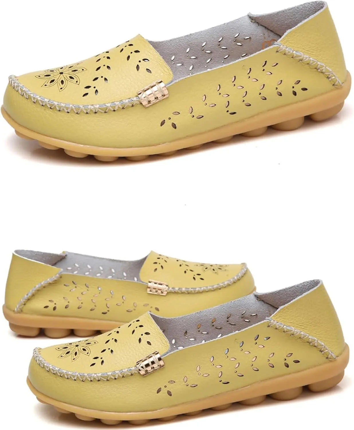 Flats for Women 2025 Round Toe Cushion Slip-On Shoes Lightweight Cutout Breathable Leather Loafers Fashion Driving Flats Shoes Summer Casual Walking Sandals