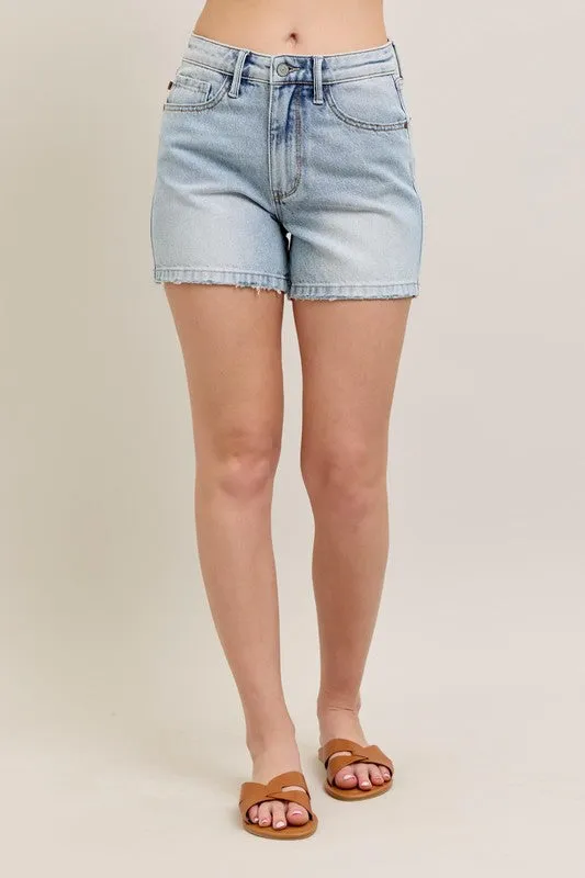 Frayed Hem High Rise Light Wash Denim Shorts