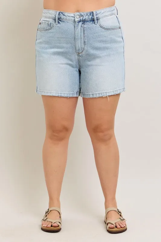 Frayed Hem High Rise Light Wash Denim Shorts
