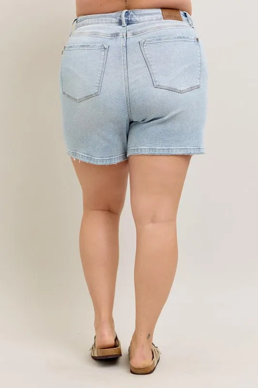 Frayed Hem High Rise Light Wash Denim Shorts
