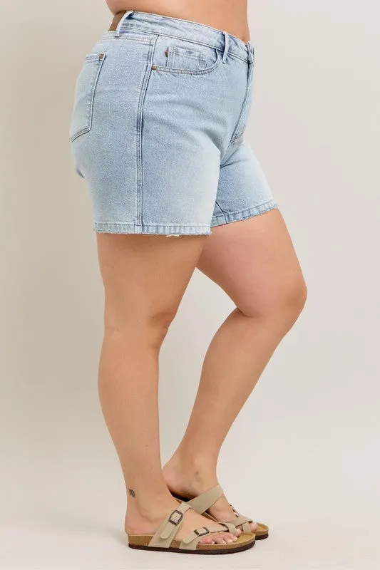 Frayed Hem High Rise Light Wash Denim Shorts
