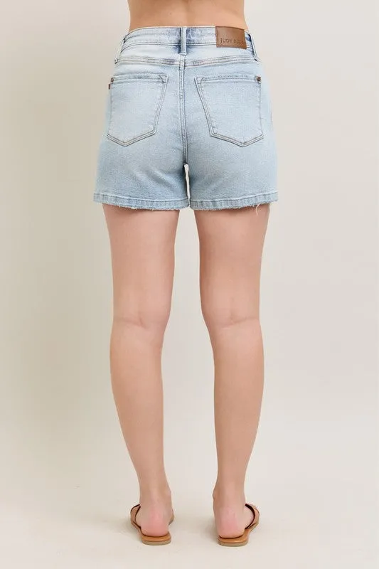 Frayed Hem High Rise Light Wash Denim Shorts
