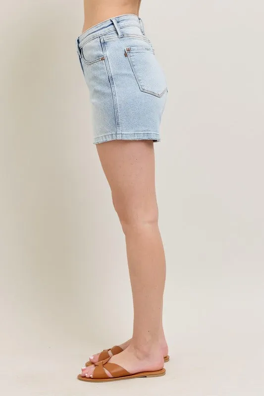 Frayed Hem High Rise Light Wash Denim Shorts